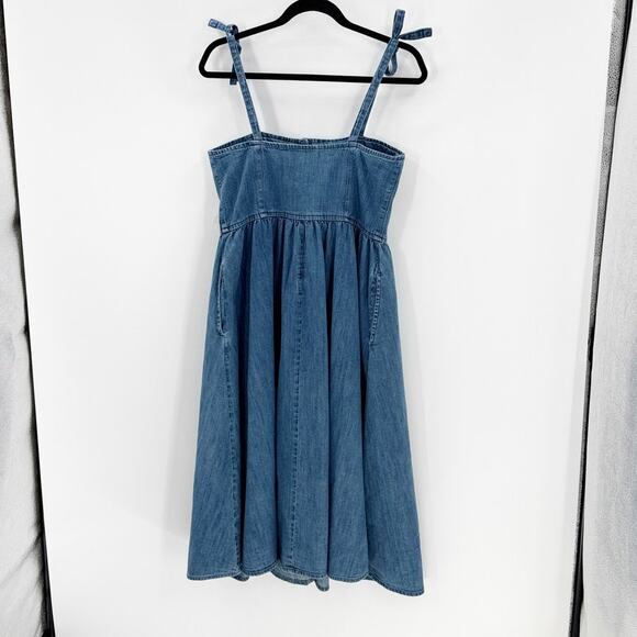 ASOS Denim midi dress shoulder ties pockets heavy cotton size 8 prairie cottage - Picture 2 of 7
